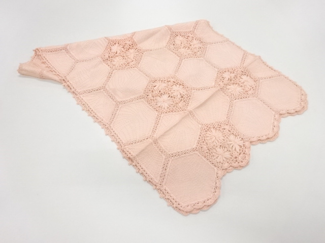 リサイクル　リボンレース亀甲に草葉模様織出しショール